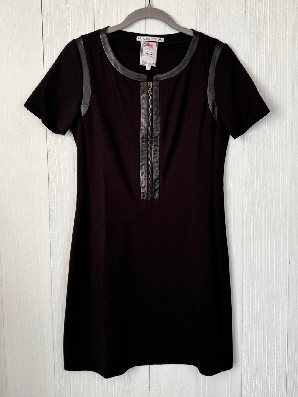 Yoana Baraschi Black Leather Trim Short Sleeve Shift Dress S